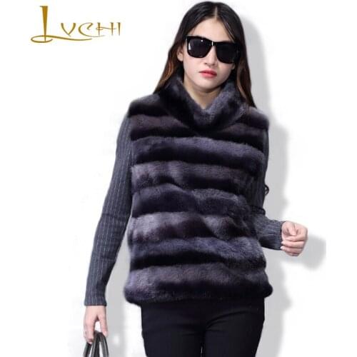 LVCHI Genuine Fur Womens Real Fur Tank Coats Women Black Fur Leather Mandarin Collar Sleeveless Mink Velvet 2019 Mink Coat