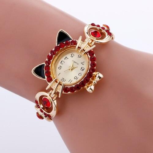 Cat Pattern Women Dress Watces Hot Sale Women Fashion Gold Cat Rhinestone Watch Luxury Casual Bangle Dress Quartz Watch