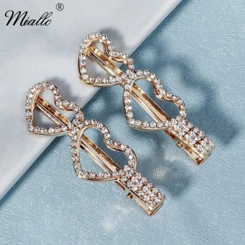 Miallo Fashion 2pcs/lot Heart Hair Clips for Women Hair Accessories Girls Gold Color Rhinestone Hair Jewelry Hairpin Headpiece