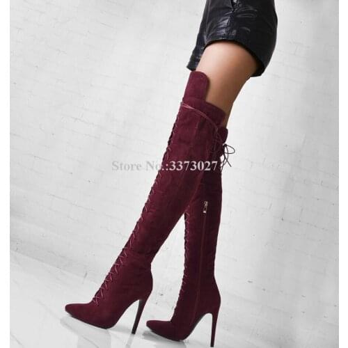 Suede Cross-tied Woman Long Boots Fashion New Pointed Toe Thin High Over the Knee Gladiator Boots Ladies Sexy Large Size Shoes
