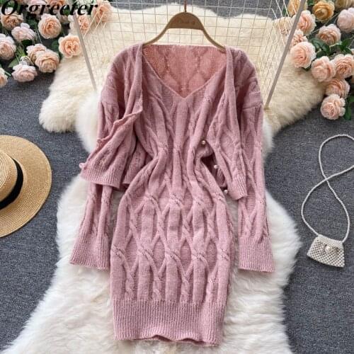 Pink Knitted Dress Suits Women Autumn New Chic Pearl Button Sweater Cardigan Sleeveless Sheath Mini Knitted Dress 2 Piece Sets