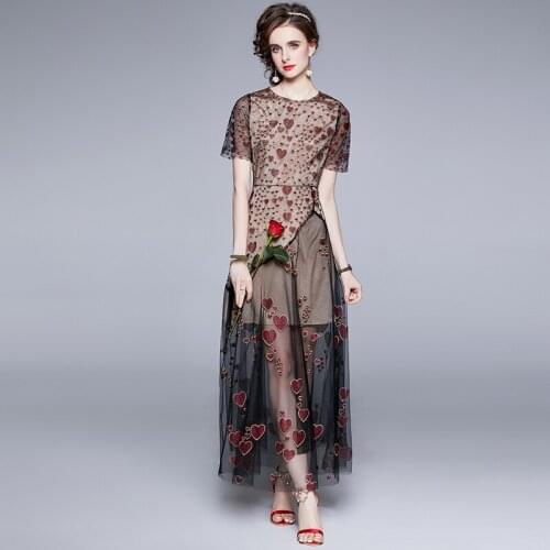 Runway Heart Embroidery Summer Dress Women O-Neck Short Sleeve Vintage Mesh Party Dress High Waist Long Midi Dress k6735