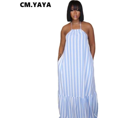 CM.YAYA Women Dress Striped Sleeveless Bandage Halter Backless Loose Straight Long Maxi Dresses Sexy Fashion Outfit Summer 2021