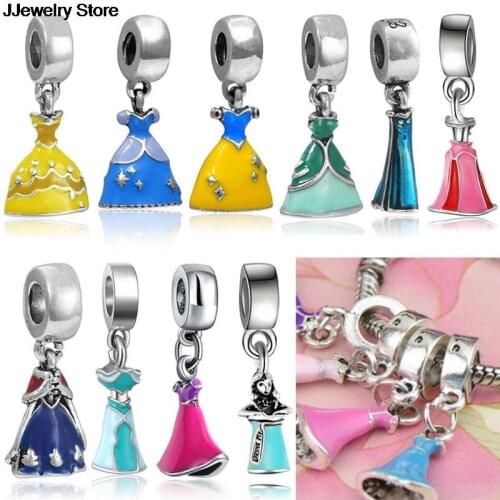10 Styles Princess Dress Charms Dangle Bead Silver Plated Pendant Charm Beads Fit DIY Pandora Charm Bracelets Fashion Jewelry