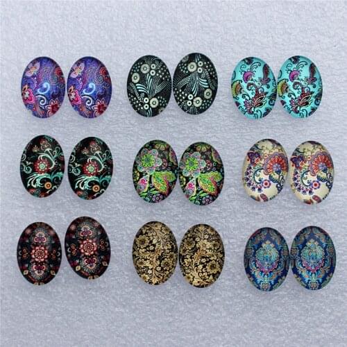 13x18mm Oval Mixed Retro Flowers Glass Cabochons Flatback Photo Dome Jewelry DIY Accessories by pairs 18pcs/lot K06039