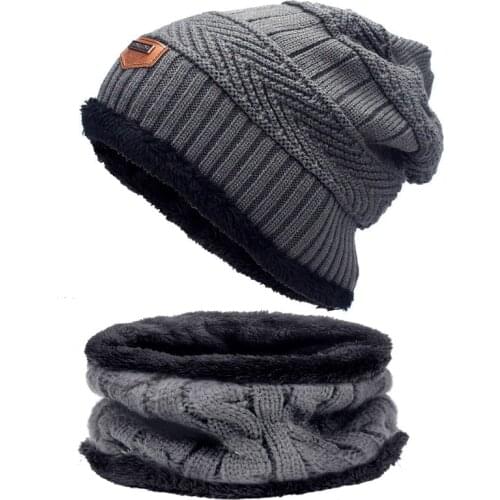 2019 Winter Hat Scarf Knitted Women Men Winter Cap And Scarf Casual Solid Thick Warm Plus Velvet Beanie Caps Skullies Beanies