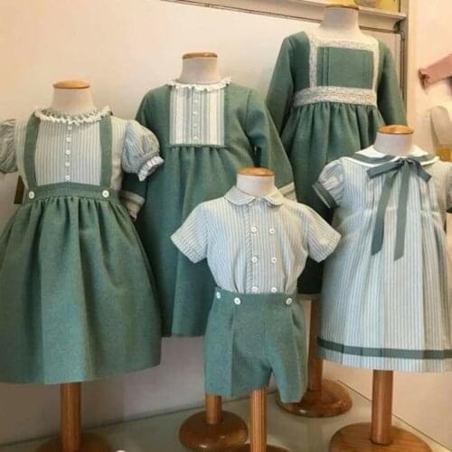 2021 Spanish Baby Clothes Children Brother Sister Matching Outfit Boys 2Pcs Set Little Girl Spanish Dress Girls Green Skirt Suit