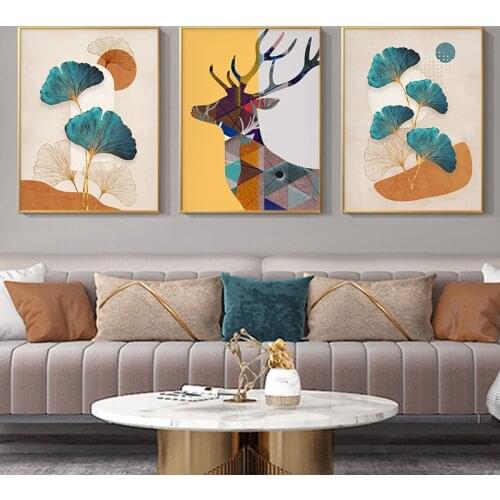 Abstract Golden Leaf Deer Paintings Nordic Wall Art Living Room Pictures Home Decor Modern Creative Animals Canvas Poster Print
