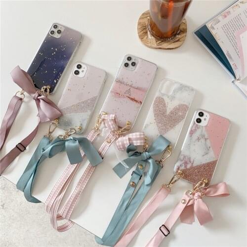 Cross Shoulder Strap Gold Foil Glitter Marble Flower Case For iPhone 12 Mini 11 Pro XS Max XR X 7 8 Plus Necklace Lanyard Cover