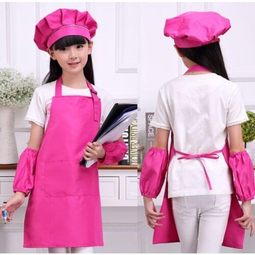 Children art Kitchen Aprons Waists 9 Colors Kids Aprons with Sleeve&Chef Hats for Painting Cooking Baking 4 pcs/set