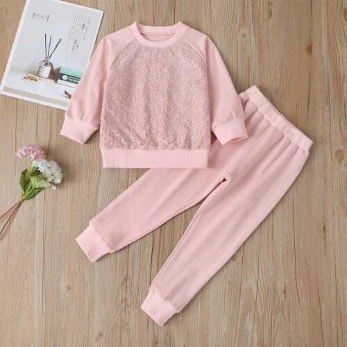 27KIDS Autumn Girls Suit Pink Clohtes Lact and Cotton Fabric Casual Style Soft Girls Pants