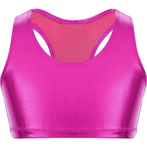Kids Girls Dance Crop Top Shiny Metallic Sleeveless Racer Back Tank Tops For Ballet Dance Stage Performance Gymnastics Workout