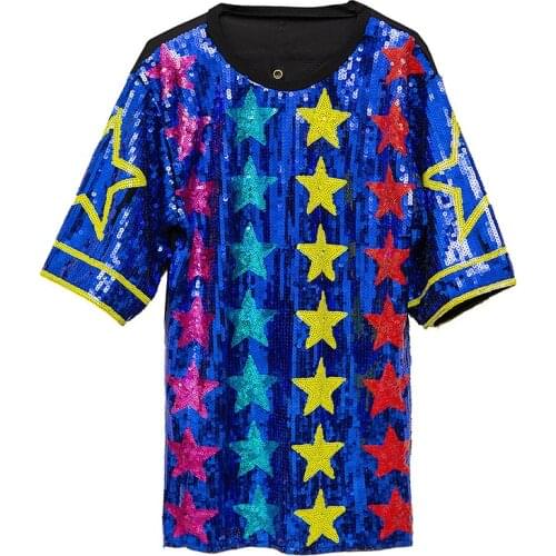 Gauze Spliced Stars Sequined T-shirts Oversized Geometric Pattern Beading Cheerleading Tees Dance Party Shirts Dress Crop Tops