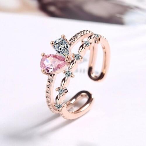 New Fashion Cute Romantic Finger Rings Water-Drop Cubic Zircon Two-Row Crystal Shiny Female Wedding Ring Band For Bridal Jewelry