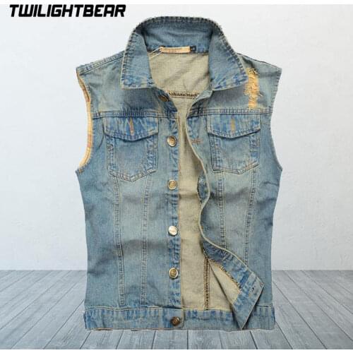 Brand New Mens Denim Vest Designer Fashion Vintage Retro Hole High Quality Fit Slim Male Casual Vest Cowboy Men 5XL AE811