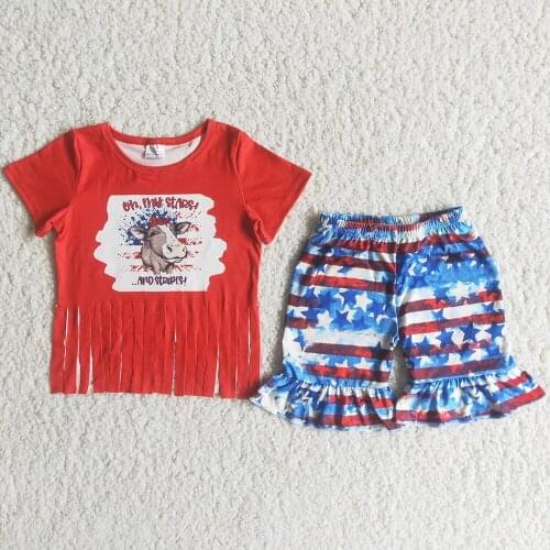 New Design Baby Girls Summer Clothes Set 4th of July Patriotic Heifer Design Tassel T-shirt Ruffle Shorts Wholesale Children Set
