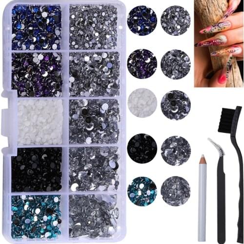 New Set 10 Grids 7500Pcs Mixed Colour Crystal Nail Art Rhinestones Resin Nail Stones Beads Studs Flat Back Nail Art Decorations