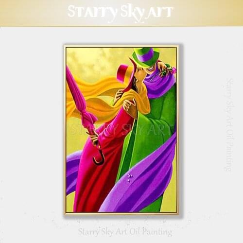 Hand-painted High Quality New Modern Lover Figures Oil Painting on Canvas Fine Art Lover with Flower and Umbrella Oil Painting