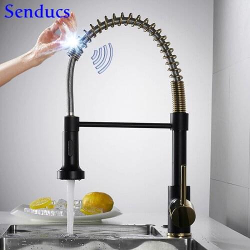 Sensor Kitchen Faucets Senducs Black Gold Spring Pull Out Kitchen Sink Faucet Stainless Steel Touch Control Kitchen Faucets