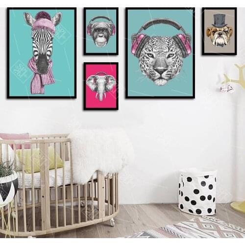 Nordic Canvas Poster Leopard Dog Zebra Monkey Pictures Art Print A4 Elephant With Headphone Painting Kids Room Wall Home Decor