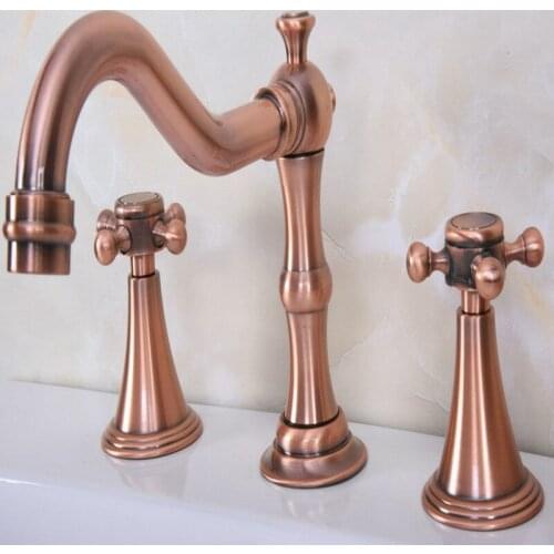 Deck Mounted 3 Holes Bath Tub Mixer Tap Vintage Retro Antique Red Copper Brass Widespread 2 Handles bathroom basin Faucet arg073