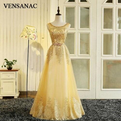 VENSANAC 2017 New A Line Sequined O Neck Long Evening Dresses Sleeveless Elegant Embroidery Tank Lace Party Prom Gowns