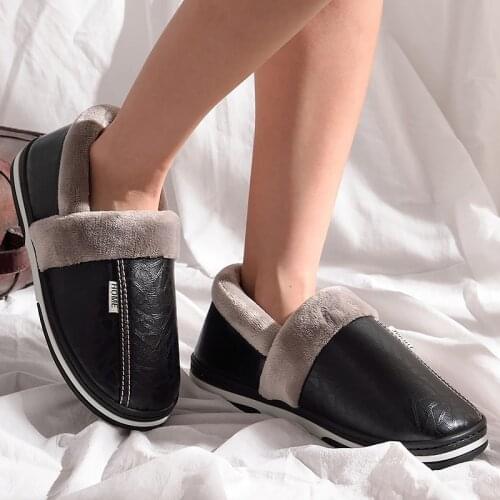 Large Size 43-50 Womans Winter Slippers Casual Shallow Slip On Cozy Flat Slippers Woman PVC PU Leather Ladies Slippers