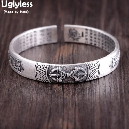 Uglyless Religious 999 Silver Bangles for Women Buddhistic Vajra Open Bangles Thai Silver Heart Sutra 10MM Wide Bracelets BA651