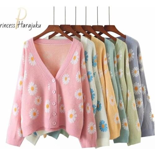 Fashion Womens Little Daisy Sweater Cardigan Top Casual Long Sleeve V Neck Floral Print Sweater Loose Knit Coat Cardigan 2021