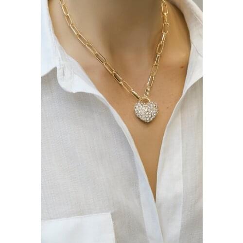 Marjin For Woman Necklace Stoned Heart Figured Thick Chain Gold Colored Necklace Jewelry Gift Birthday Party Gift