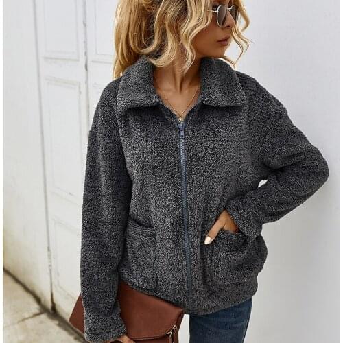 Women new autumn winter solid color plush thick coat lapel long-sleeved zipper cardigan Jacket top fake fur loose clothing