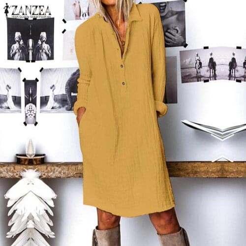 2021 ZANZEA Women Lapel Neck Long Sleeve Shirt Dress Fashion Autumn Cotton Linen Sundress Casual Loose Work Vestido Long Blusas