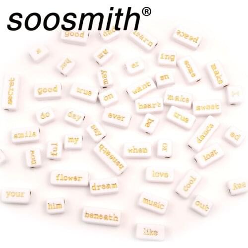 10x18mm 10 Pcs/Lot White Acrylic Beads Long Square Golden Word Beads For Jewelry Making DIY Handmade Accessories gift