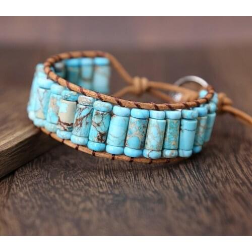 2019 blue stone Bracelet Handmade Multi Color Natural Stone Tube Beads Leather Wrap Bracelet Couples Bracelets jewelry Gifts