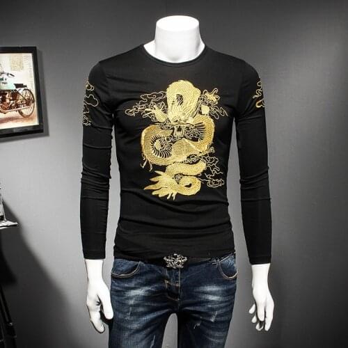 2020 New High Quality Mens Embroidery T Shirt Dragons Print Casual Long Sleeve Camisetas Hombre Male T-Shirts Plus Size Harujuku