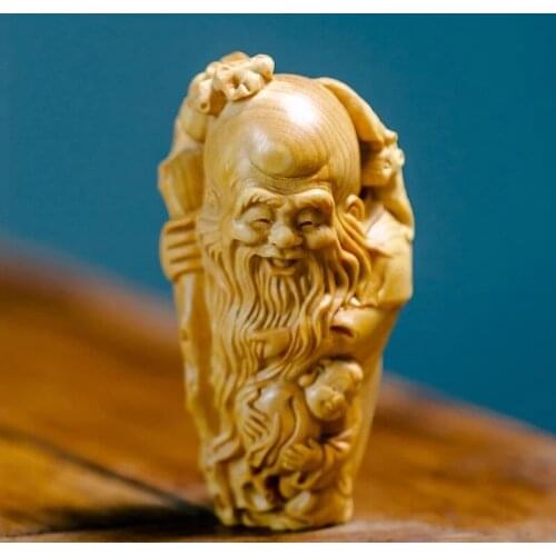 Boxwood 7cm Longevity God Sculpture Wood Carving Buddha Statue Three Stars Home Decor