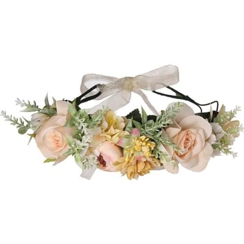 Handmade Floral Headband Colorful Flower Crown with Ribbon Wedding Bridal Hair Wreath Adjustable Lovely Hair Accessories