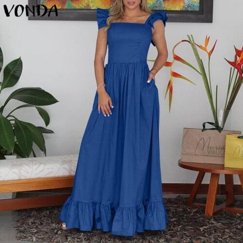 Long Maxi Dress VONDA Casual Ruffled Cuff Holiday Tank Dresses Summer Sleeveless Bohemian Vestidos Oversize Denim Long Robe