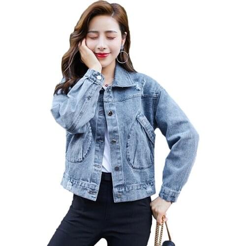 Denim Jacket Outsidewear Female NEW Spring Short Cowboy Coat Ladies Korean Loose All-Match Hole Long-Sleeved Jackets Women Tops