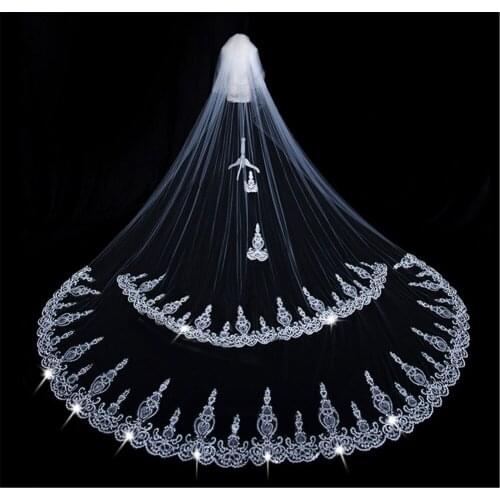 2021 Wedding Veils Long Lace Edge Appliques Sequins Cathedral Face-Covered Bridal Veil With Comb 3.8Meters Two-Layer White/Ivory