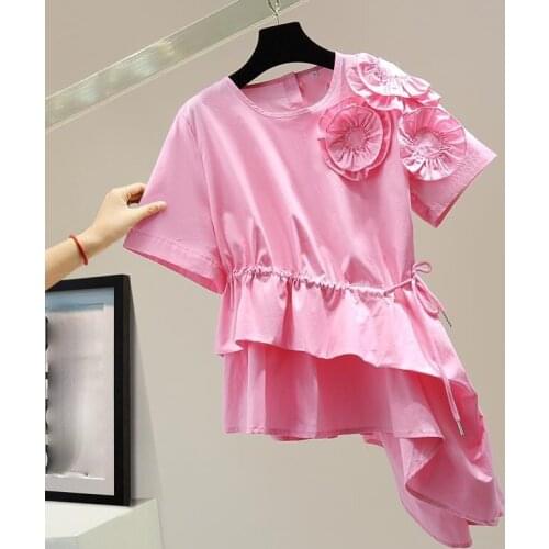 3D Flower Irregular T Shirts Women Graphic Tees O Neck Short Sleeve Tops Ruffle Patchwork Slim Waist Casual Tshirts Femme