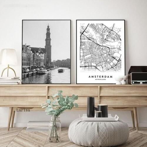 Amsterdam City Map Landscape Poster Black and White Wall Art Picture Netherlands Map Nordic Interior Home Decor Canvas Painting
