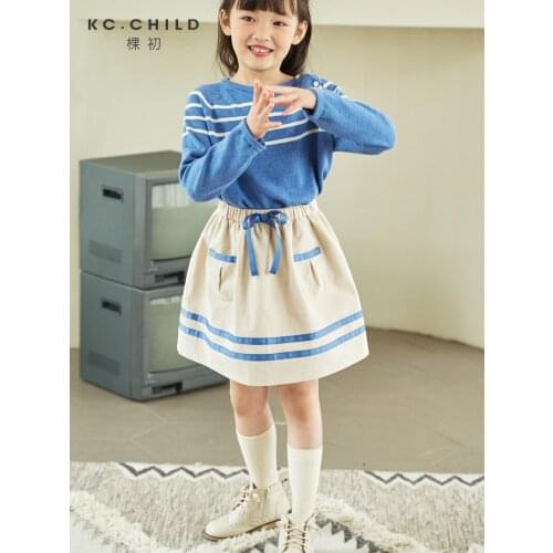 KC.Child Girls Skirt Toddlers Babys Skirt Autumn A-line Blue Ribbon Bow Navy Style Cotton Teens Skirt Age 2-10Y