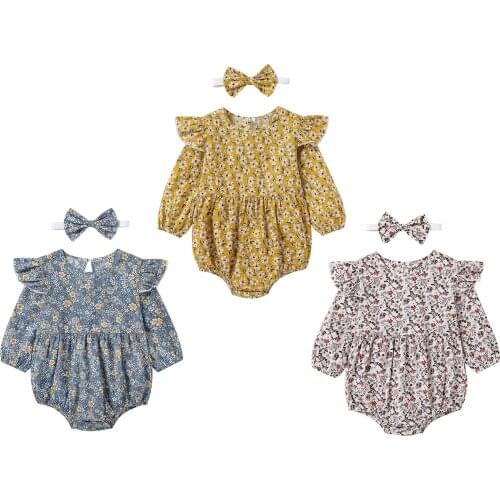 Girl’s 2Pcs Flower Printed Romper Set Long Fly Sleeve Ruffled Hem Triangle Bodysuit with Headband for Spring and Autumn