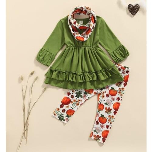 3Pcs Kids Halloween Tracksuit, Solid Color Long Sleeves Blouse + Pumpkin Print Pants + Scarf for Girls, 9 Months to 4 Years