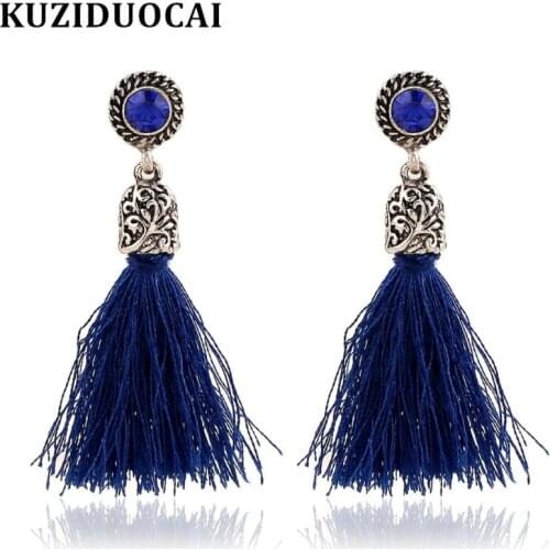 Kuziduocai New Fashion Jewelry Vintage Carved Designs Crystal Tassel Stud Earrings For Women Brincos Statement Pendientes E-598