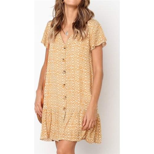 Summer Floral Print Chiffon Beach Dress Women Sexy V Neck Button Mini Dress Casual Ruffle Short Sleeve Loose Dress Robe Femme