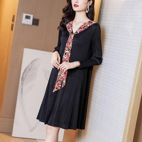 Miyak Pleated Vintage Print Scarf Collar Slim Mini Dress Women Autumn Long Sleeve Elegant Casual Plus Size Dress Female Clothes