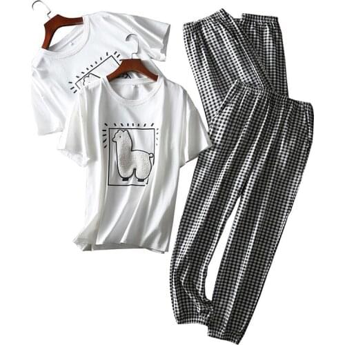 2021 Spring Summer New Men Women Household Pajamas Set Comfort Loose Cartoon Alpaca Printed 2Pcs Sleepwear Top+Pants Casual Wear