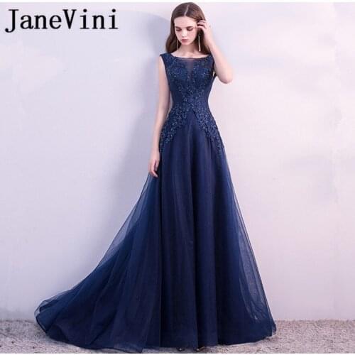 JaneVini 2018 Charming Navy Blue Long Bridesmaid Dresses A Line Lace Appliques Beads Tulle Sweep Train Women Wedding Party Dress